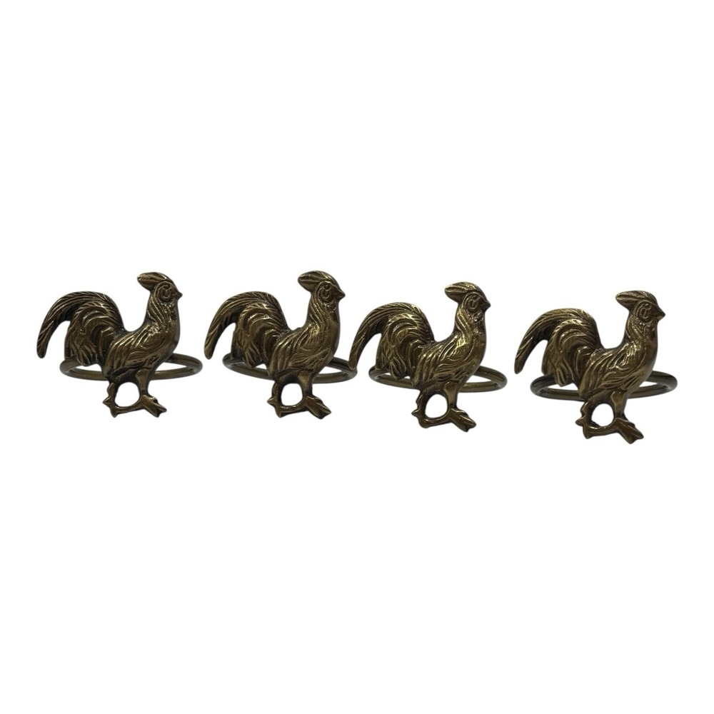 4 Vintage Brass Rooster Design Napkin Rings Farm Bird Chicken‎ Decor